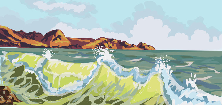 Seascape painting. Sea rocky shore and waves background. Vector