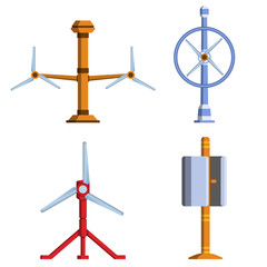 Set of different tidal power station rotters. Clean water energy source. Innovation power station. Vector illustration.
