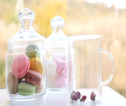 Cup of mint tea with macarons and marshmallows. Beautiful sunny day in spring. Green and yellow background. French bakery with hot tea. Tasty breakfast, spring mood. 
