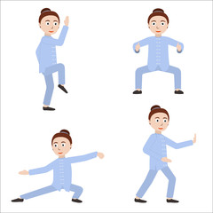 Girl performing qigong or taijiquan excercises. Woman practicing Tai Chi. Flat style. Vector illustration.