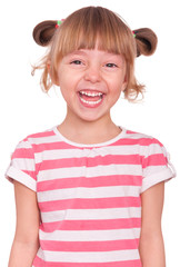 Emotional portrait of a 5 years old girl, laughing. Cute caucasian baby isolated on white background. Beautiful preschool child posing in studio. Healthy carefree kid playing indoors.
