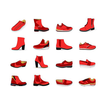 Set with different types of trend shoes, vector, illustration,