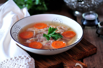 Homemade aspic cooked organic chicken. Traditional Russian food