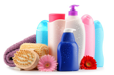 Plastic bottles of body care and beauty products