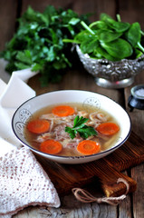 Homemade aspic cooked organic chicken. Traditional Russian food
