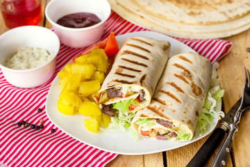 Shawarma wrap with beef and vegetables