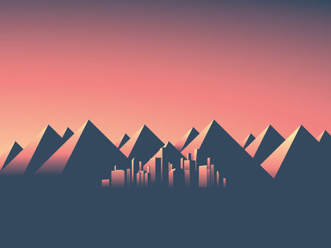 Modern cityscape with skyscrapers skyline in sunset colors. Mountain landscape background with high mountain range.
