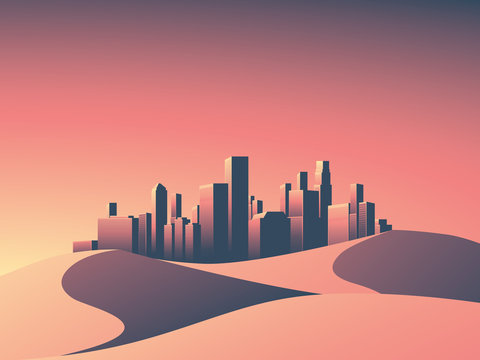 Modern Cityscape With Skyscrapers Skyline In Sunset Colors. Desert Landscape With Hot Environment.