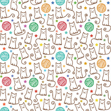 Hand drawn vector seamless pattern with cats
