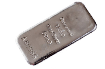 Silver Bullion Bar. 1 kilo fine silver bar isolated on a white background.