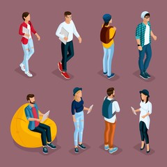 Obraz premium Trendy isometric young creative people, set 3 in stylish clothes with modern hairstyles. Freelancers students, hipsters isolated. Vector illustration