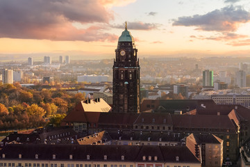 Dresden Town Hall tower in sunset, Germany