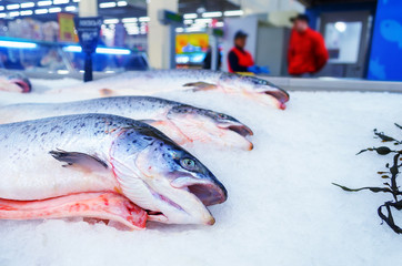 Striking Stunning Decapitated Salmon Head on Ice in supermarket