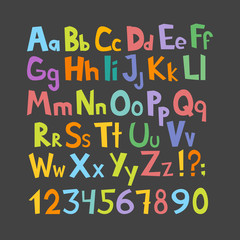 Funny comics font. Hand drawn lowcase and uppercase colorful cartoon English alphabet with lower and uppercase letters. Vector illustration