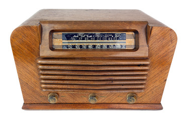 Vintage forties vacuum tube wood radio. Isolated.
