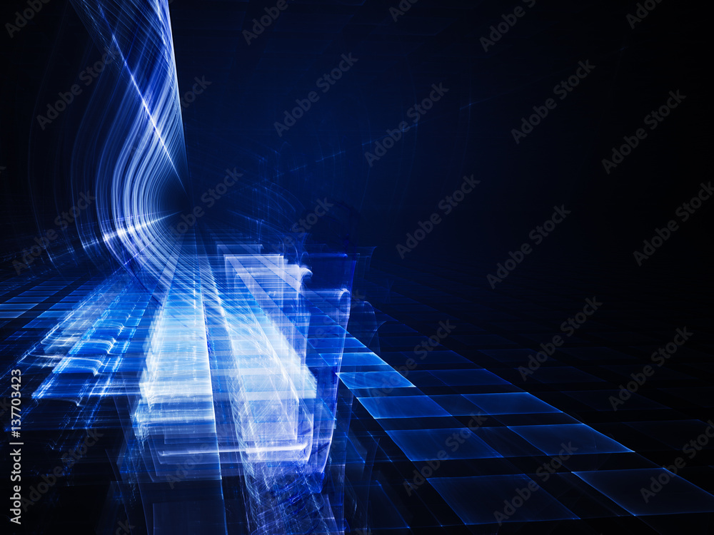 Poster abstract background element. fractal graphics. three-dimensional composition of glowing grids and wa