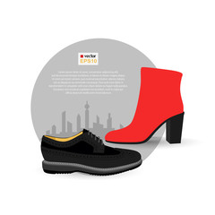 male classic shoe with female high heel boot, vector, illustration,