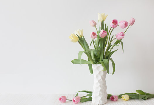 tulips in vase  on white background