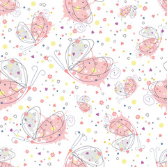 Vector seamless pattern with insect Hand drawn outline decorative endless background with cute drawn butterfly Graphic illustration. Line drawing. Print for wrapping, background, decor