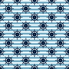Vector seamless pattern with steering wheel, diagonal lines. Symmetrical background, nautical theme. Graphic illustration. Template for wrapping, backgrounds, fabric, prints, decor, surface