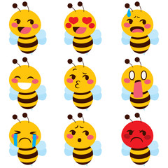 Set of cute bee mascot emoji different face expressions
