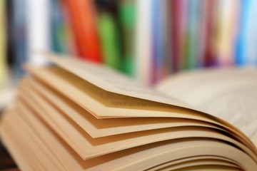 Aufgeschlagenes Buch vor einem Bücherregal