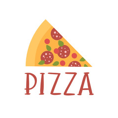 The hand-drawing inscription: Pizza, and slice of pizza on a white background. It can be used for menu, sign, banner, poster and other  promotional marketing materials. Vector Image.