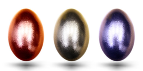 Golden blue and read eggs for Easter on white background