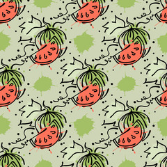 Vector fruits seamless pattern.Fruits with leaves, decorative elements, blots, drops, splash Hand drawn contour lines and strokes Doodle sketch style, graphic vector drawing illustration