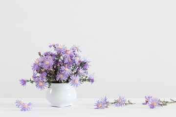 Aster amellus bouquet in ceramic vase on white background