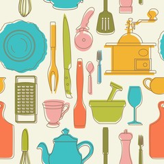 Seamless pattern with color kitchen utensils. Vector illustration.