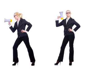 Woman businesswoman with loudspeaker on white