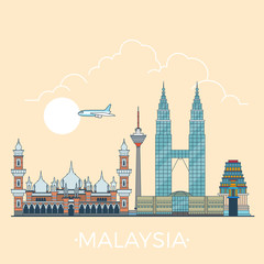 World travel in Malaysia Linear Flat vector design template.