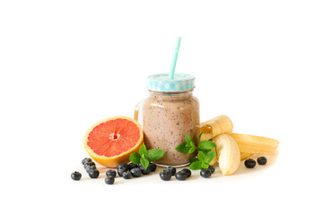Blueberry smoothie with banana, grapefruit, lemon and mint leaves.