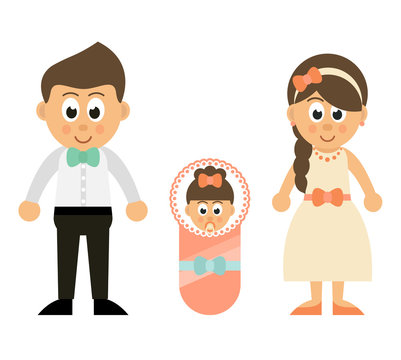 Cartoon Little Baby Girl With Mother And Father