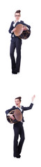 Fototapeta premium Funny businesswoman with drum isolated on white