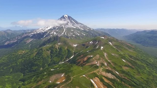Volcano in Kamchatka. The span of the camera to the volcano