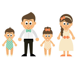 cartoon baby girl and boy with mother and father