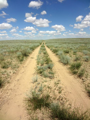 Fototapeta na wymiar Infinite desert road in the Western Kazakhstan against a blue sky