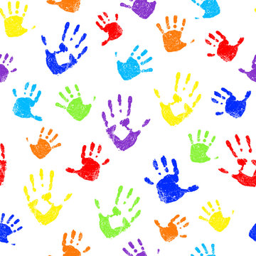 Seamless pattern with rainbow colored family hand prints on white background. Vector illustration.