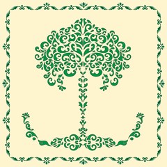 80_Picturesque  tree with grass in  frame,Pattern  tree with grass in  frame,cream  background with ornamental frame.