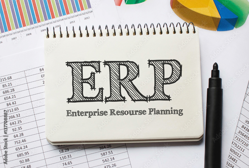Poster notebook with toolls and notes about erp,concept
