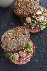 Ham and vegetables sandwiches