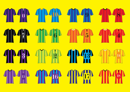Different Designs of Soccer Kits. Colorful T-Shirts.