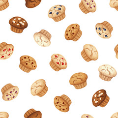 Vector seamless pattern with muffins on a white background.