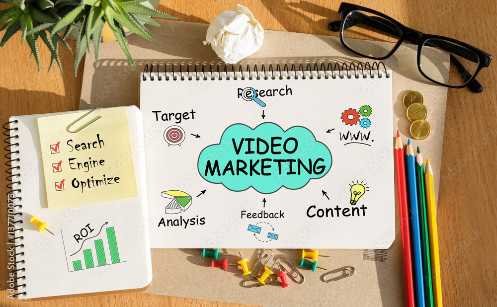 Poster notebook with tools and notes about video marketing