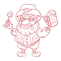Drunk cartoon leprechaun holds in his hands the Shamrock and beer. Vector illustration for St. Patrick's Day.