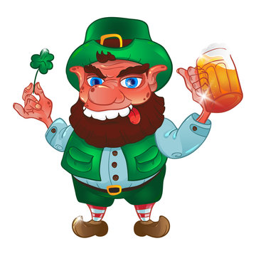 Drunk cartoon leprechaun holds in his hands the Shamrock and beer isolated on white background. Vector illustration for St. Patrick's Day.