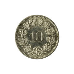 10 swiss rappen coin (2008) obverse isolated on white background