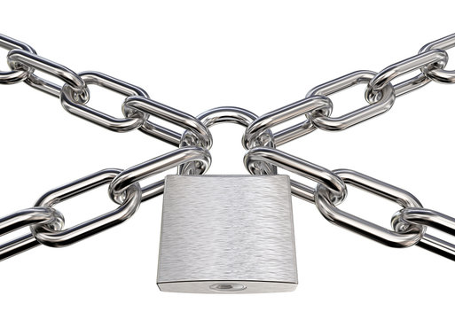 Strong and heavy Lock. 4 Chains in a Cross with Brushed Steel Padlock.  Isolated. 3D render.